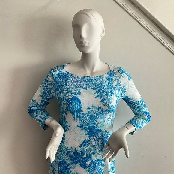 Lilly Pulitzer Blue Toile Me About It Sophie Dress White Long Sleeve UPF 50 L - Picture 5 of 12